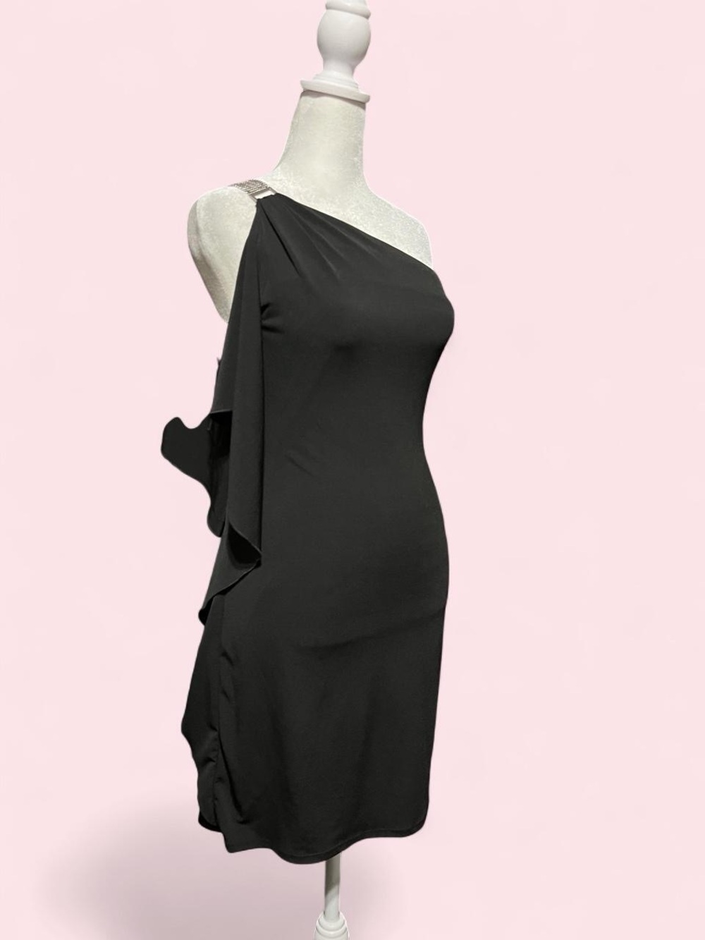 Small One-Shoulder Black Cocktail Dress with Draped Ruffle